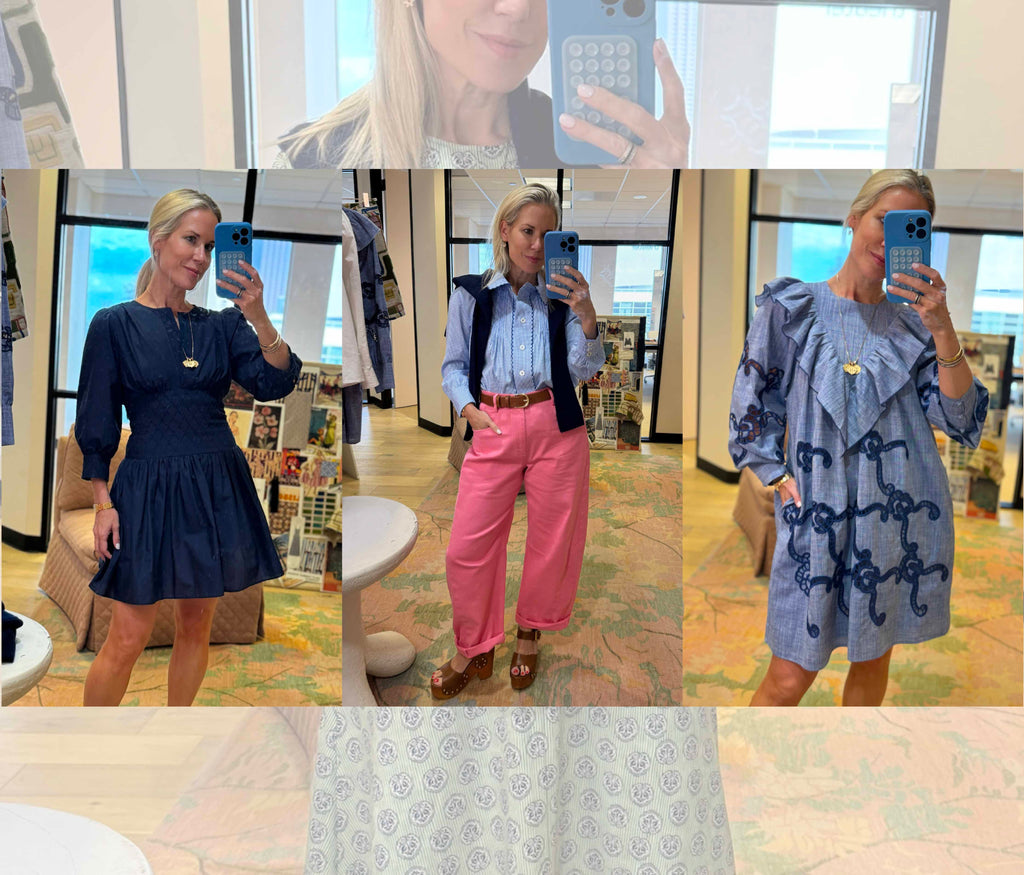 Hunter Bell wearing three different outfits - one navy dress, one blue and white gingham shirt and pink pants, and one blue longsleeve linen dress