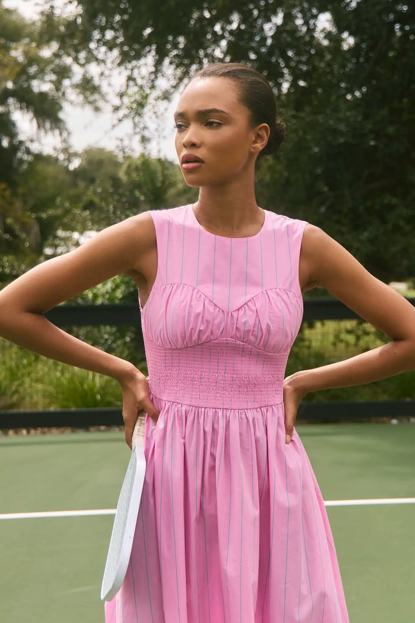 Pink and thing green striped midi dress with bust seaming and smocking