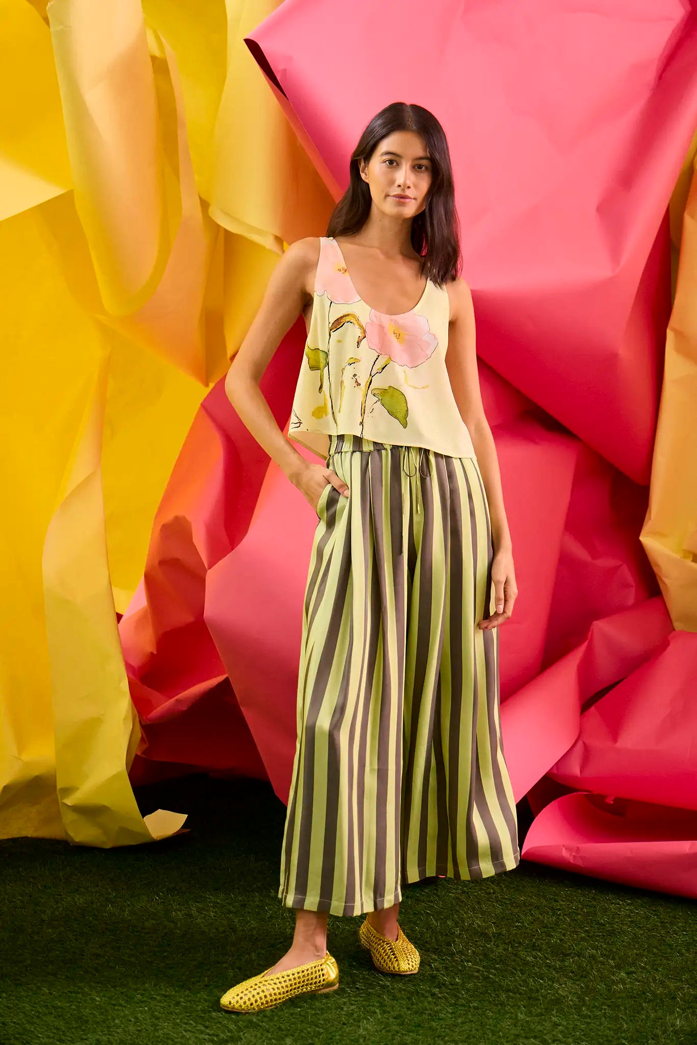 The Cyprus Pant, dark green & yellow striped pants, paired with Carsyn Tank.