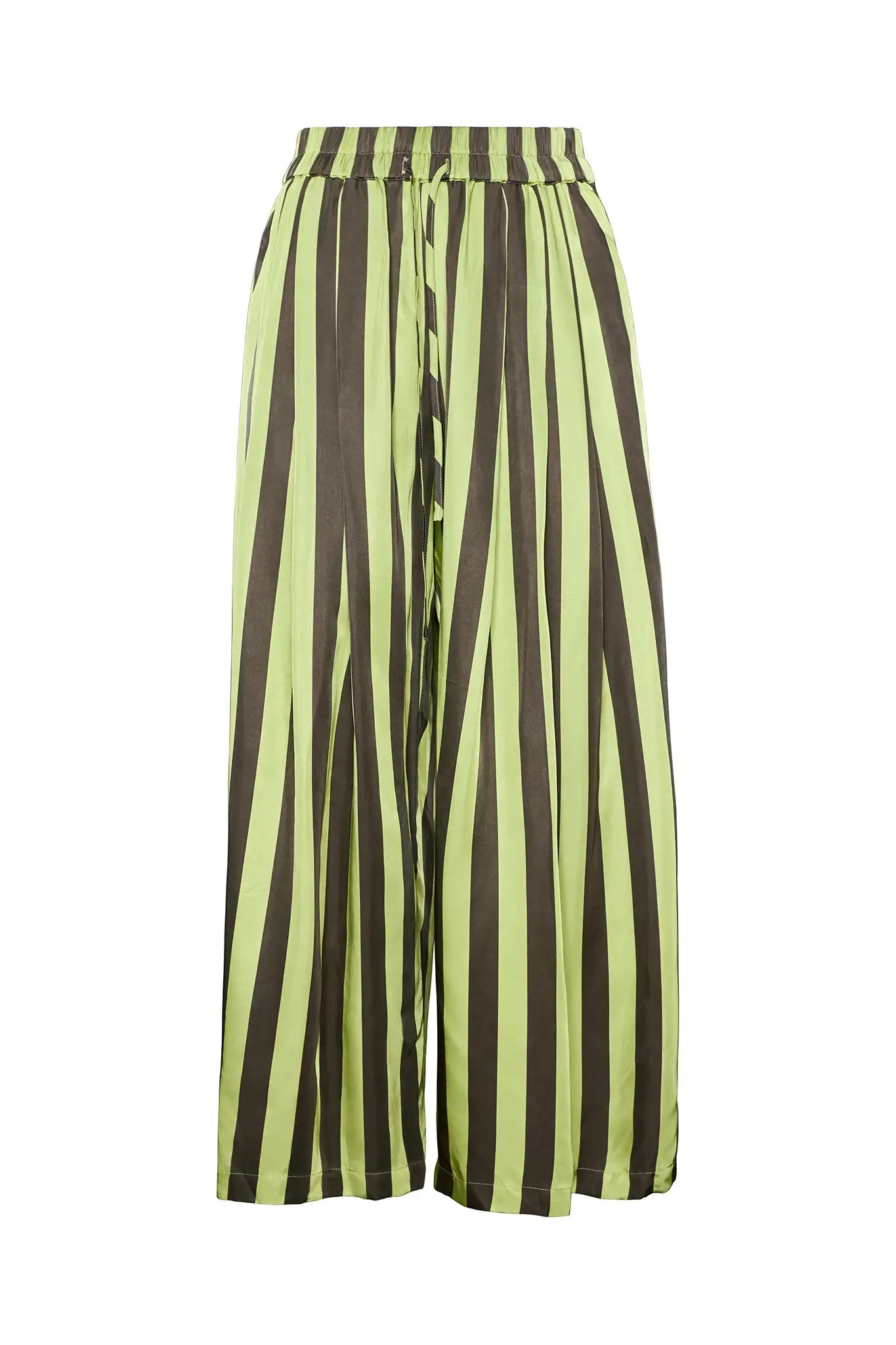 Close up of the Cyprus Pant, dark green & yellow striped pants.