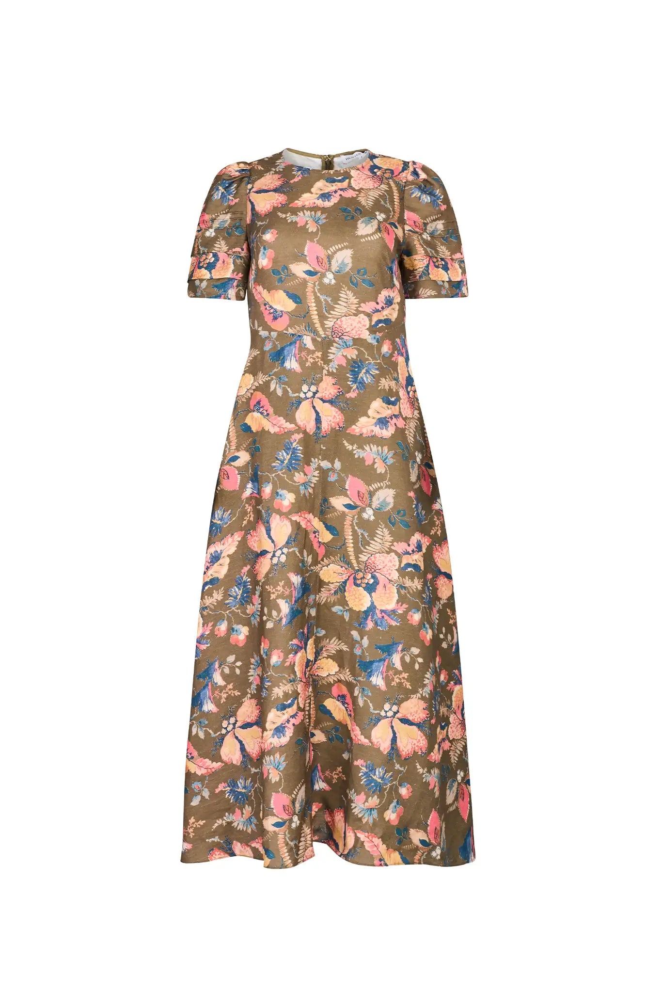 Sheath midi dress with curved waist and relaxed skirt in Olive Floral print.