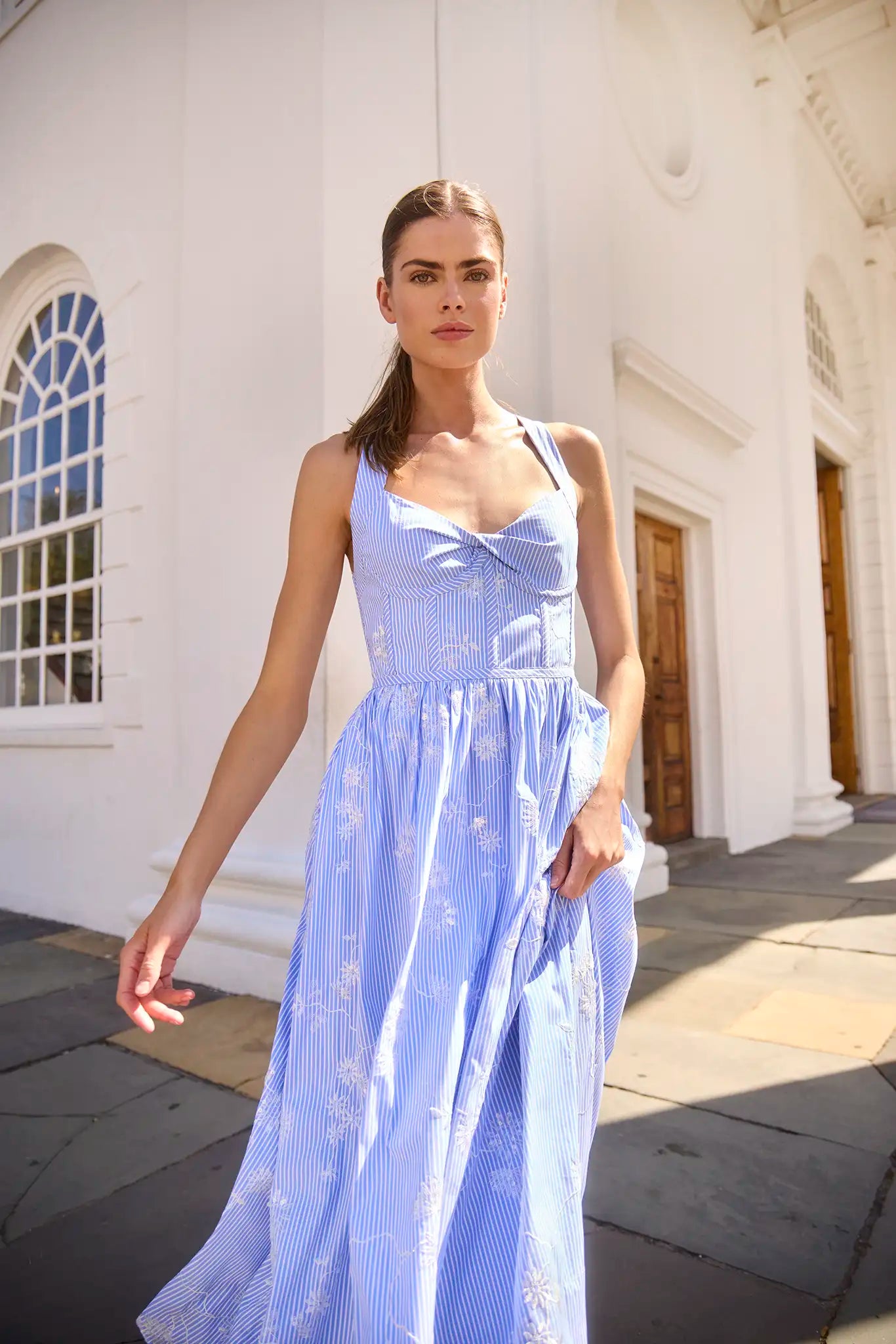 The Gracie Dress, midi dress with embroidery and full skirt, in Sullivan Stripe.