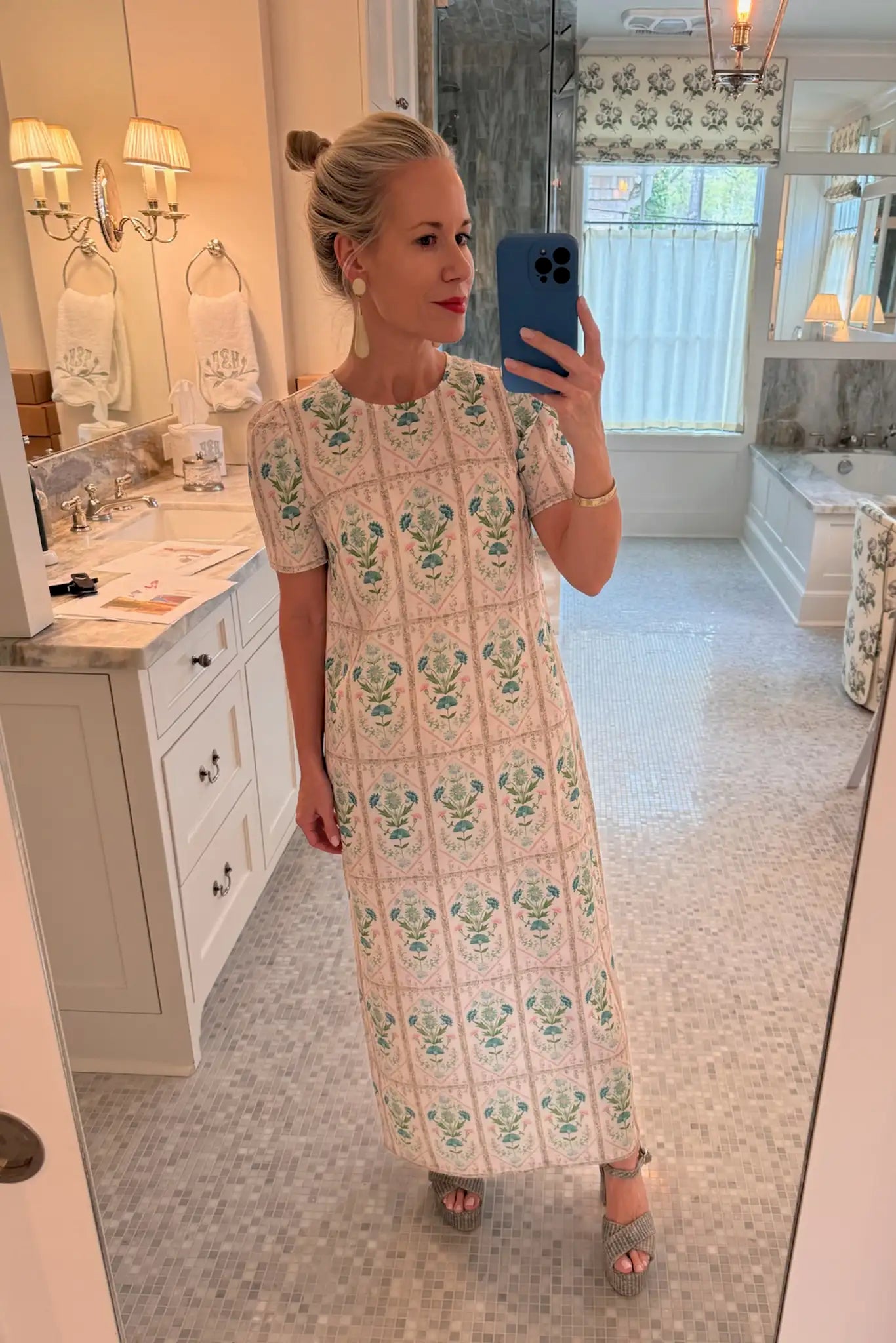 Hunter Bell wearing the Valerie Dress in pink trellis.