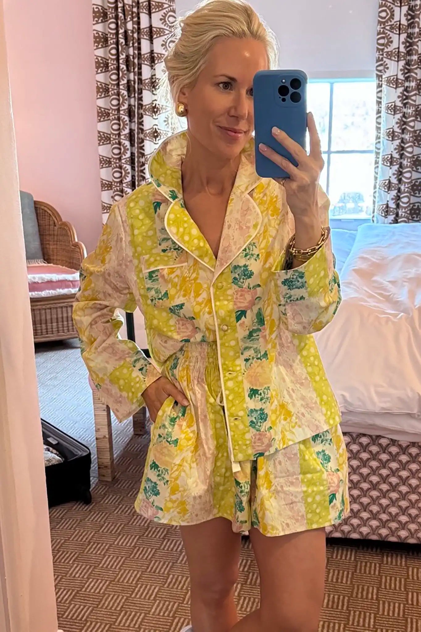 Hunter Bell wearing the PJ set in Floral Marble Mix.