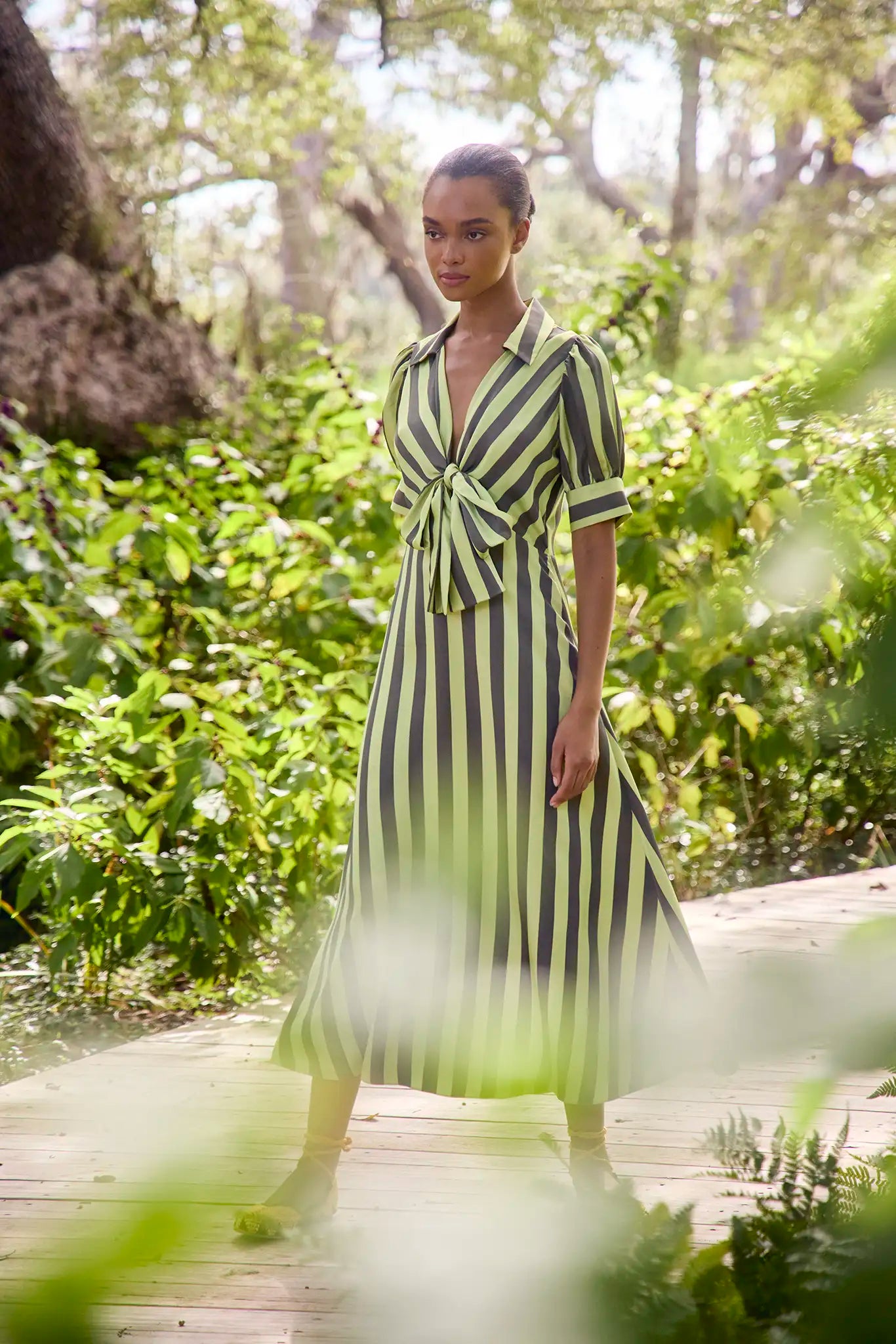 The Iris Dress, tie front blouse, in Evergreen Stripe.