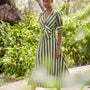 The Iris Dress, tie front blouse, in Evergreen Stripe.