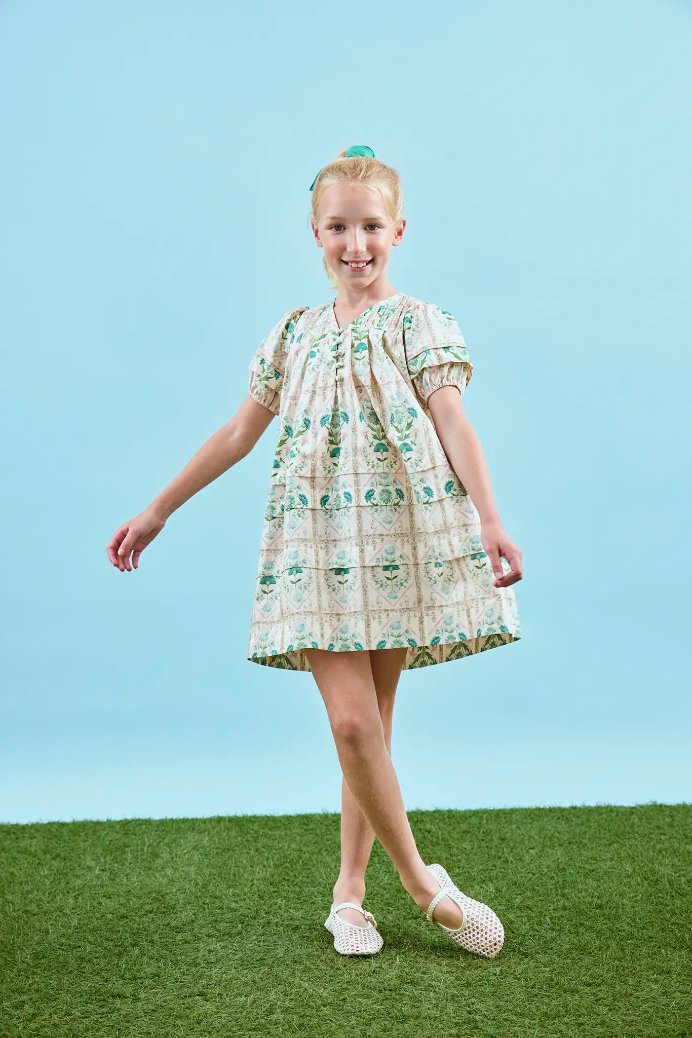 Kids Jenkins Dress, puff sleeve dress, in Pink Trellis.