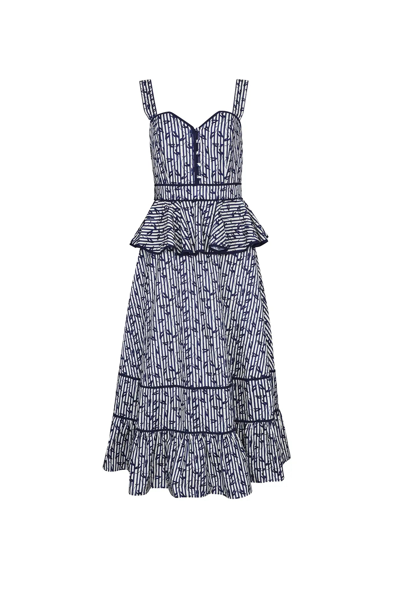 Vine Stripe peplum midi dress with a sleeveless bodice, sweetheart neckline, full circle skirt.
