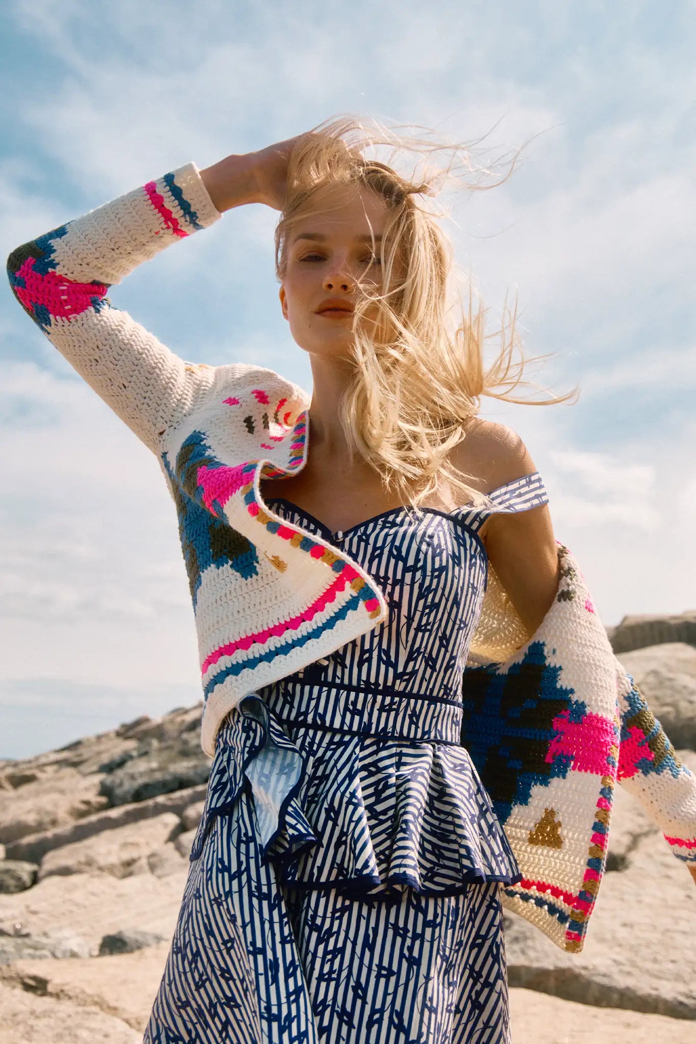 Vine Stripe peplum midi dress with a sleeveless bodice, sweetheart neckline, full circle skirt.