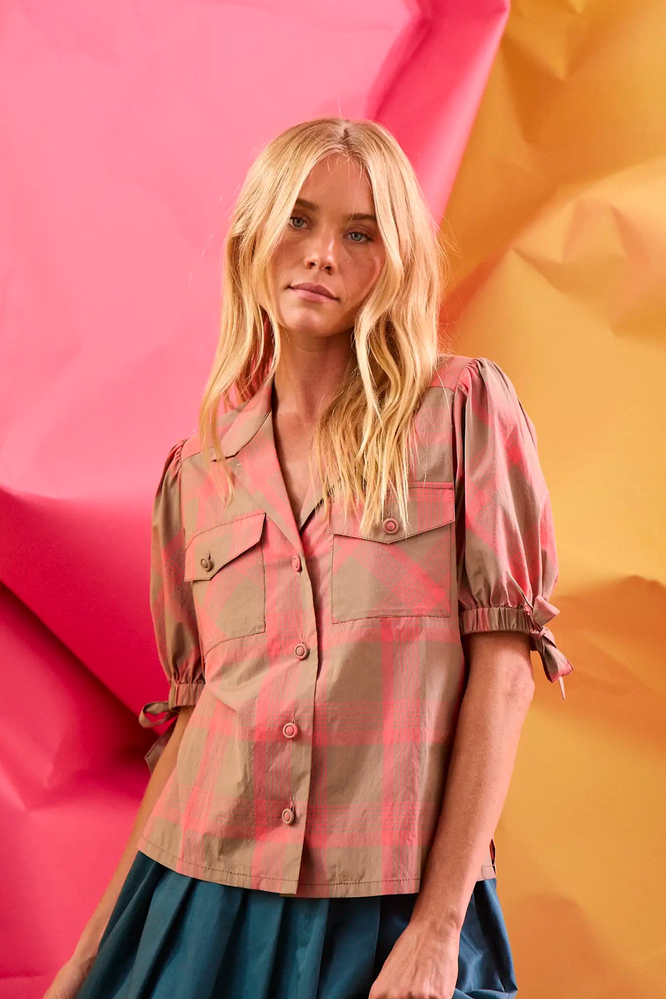 Pink and brown check shirt with tie sleeves and front pockets