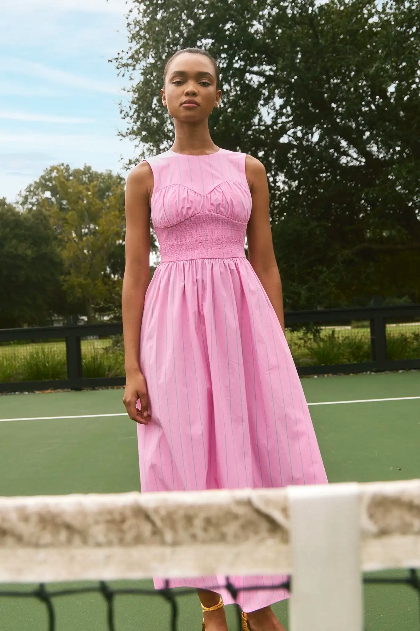 Pink and thing green striped midi dress with bust seaming and smocking