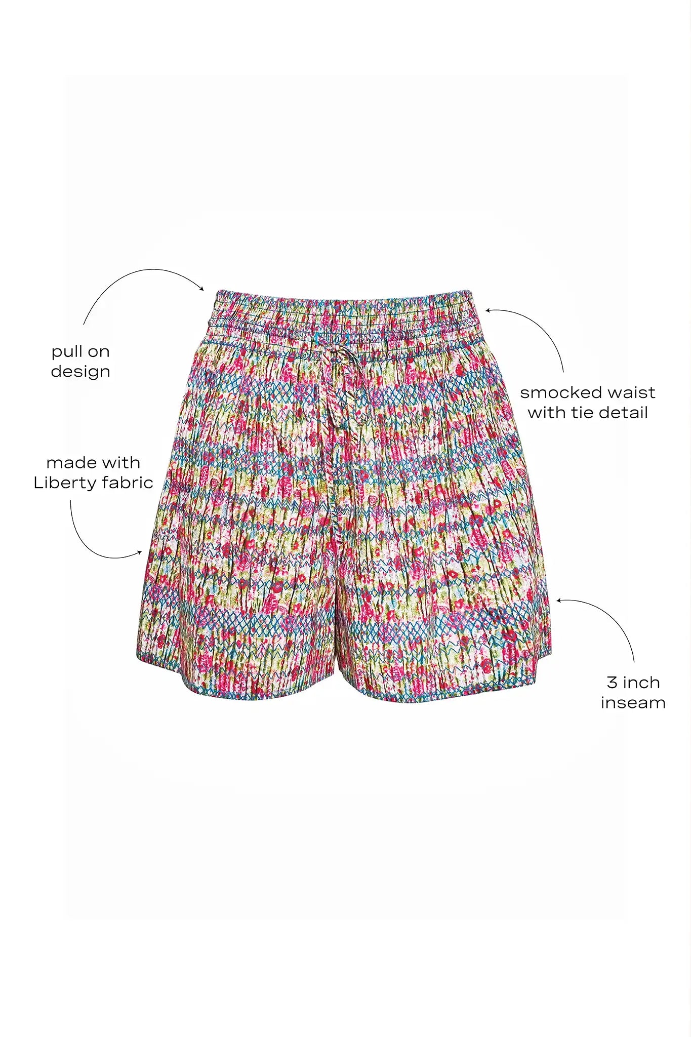 These Lura Shorts have a smocked waist and adjustable tie, made with Liberty Fabric.