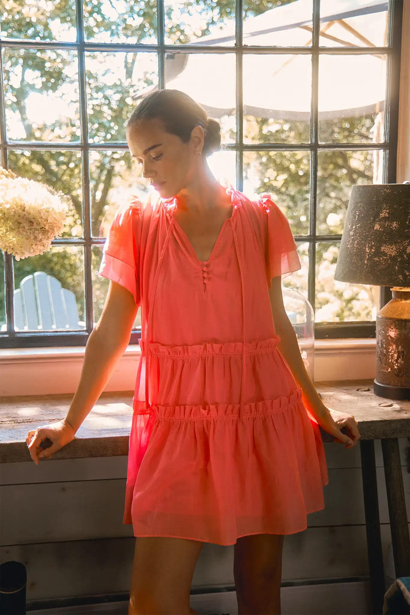 Peony cotton-silk voile swing mini dress with a ruffled crew neckline & short tiered flutter sleeves