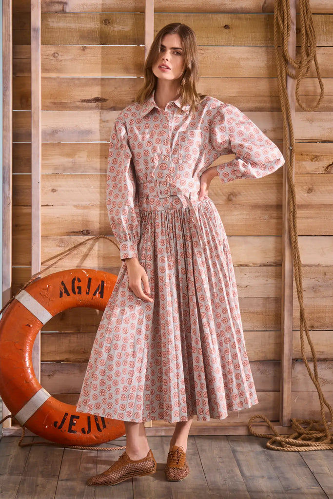 Shirtdress in lightweight cotton sateen with a sunburst circle skirt & voluminous sleeves