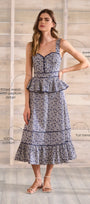 Vine Stripe peplum midi dress with a sleeveless bodice, sweetheart neckline, full circle skirt.