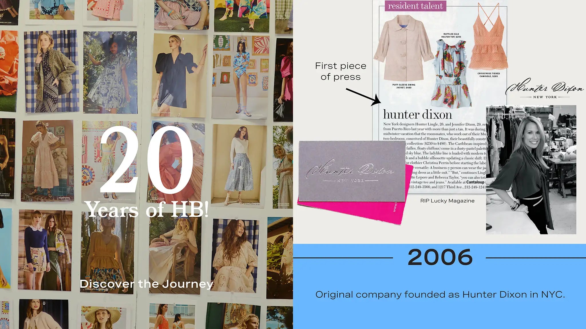 Collage of fashion images with text highlighting '20 Years of HBI' and '2006'.