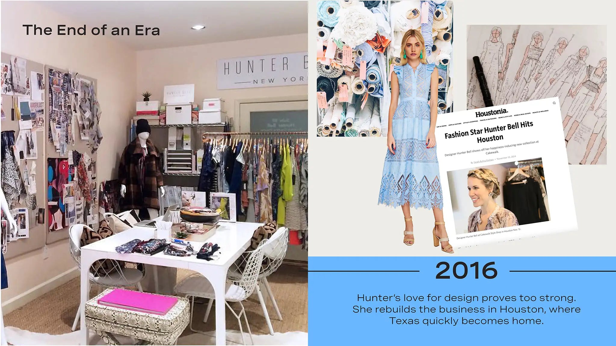Room with clothing and decor, featuring a woman in a blue dress, and text about Hunter's business in Houston.