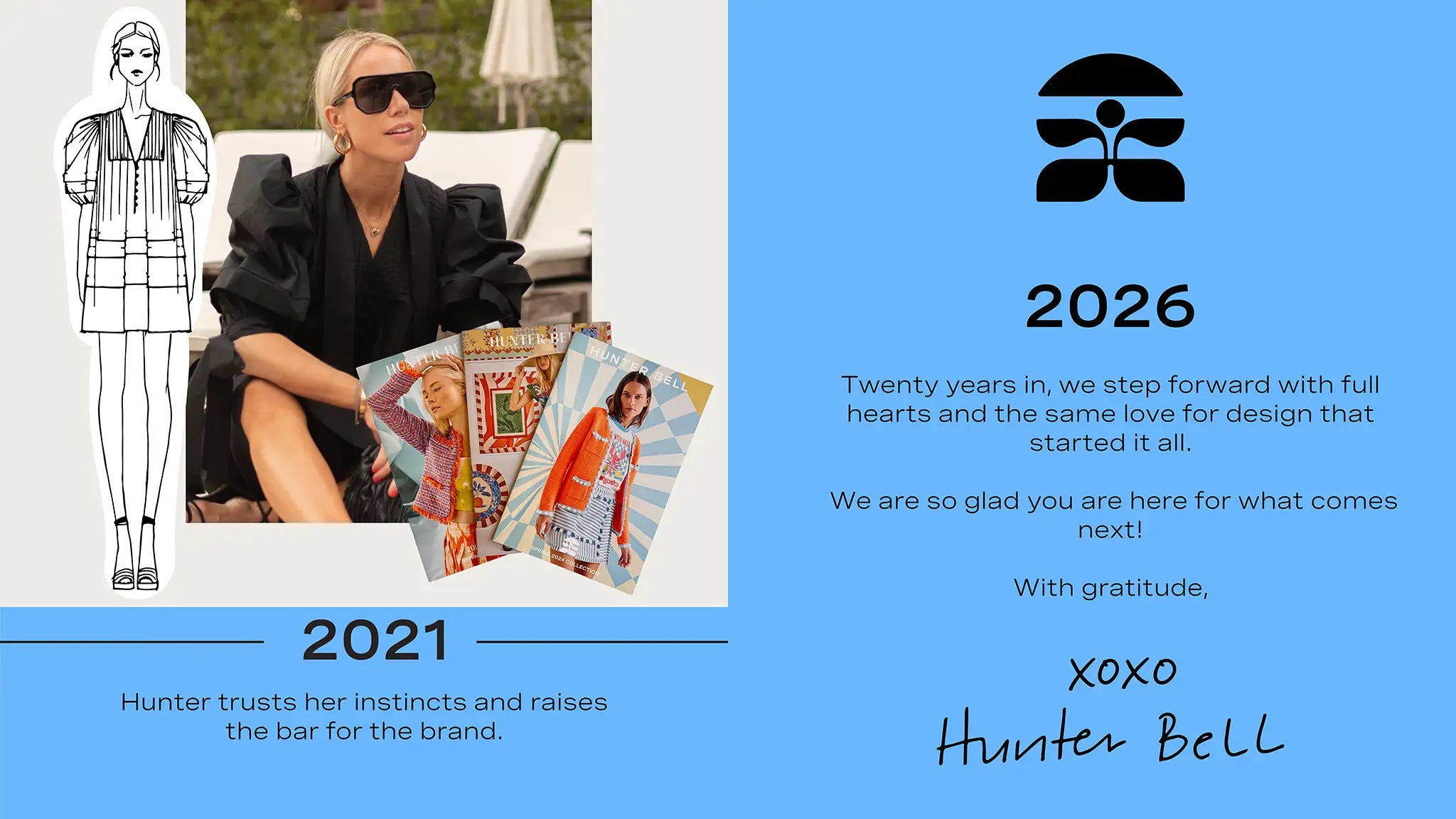 Promotional graphic with a woman, fashion illustrations, and text on a blue background