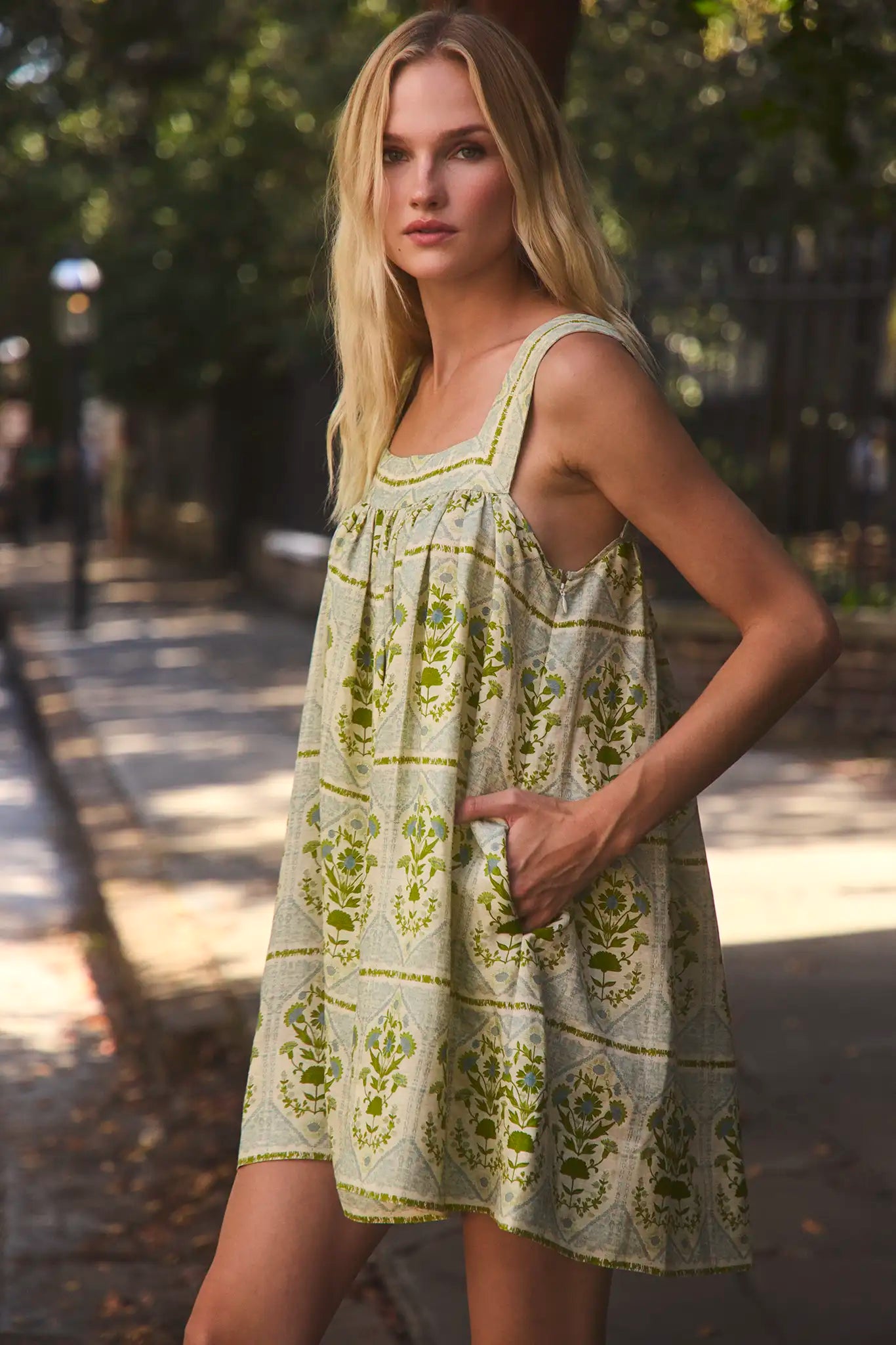 The Tipper Dress, square neck mini dress, in Green Trellis.