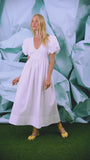The Augusta Dress, white cotton dress with ruched V neckline.