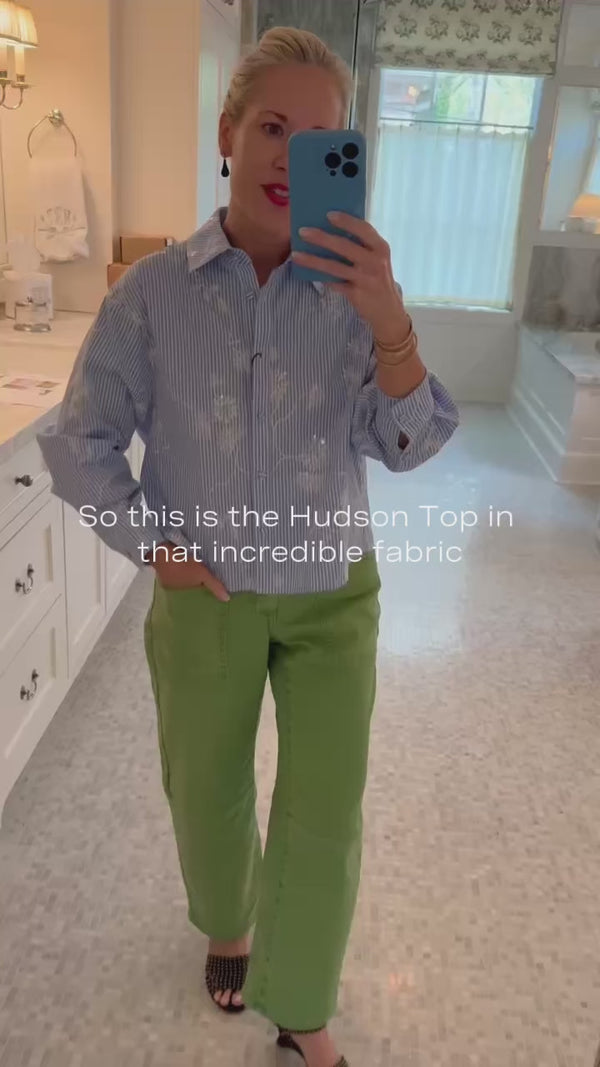 Hunter Bell in the Hudson Shirt in Sullivan Stripe with the Mallory Jeans in Leaf Green Denim.