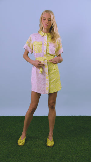 The Nicole Dress in Marble Mix with self-tie belt and fabric bell ends.