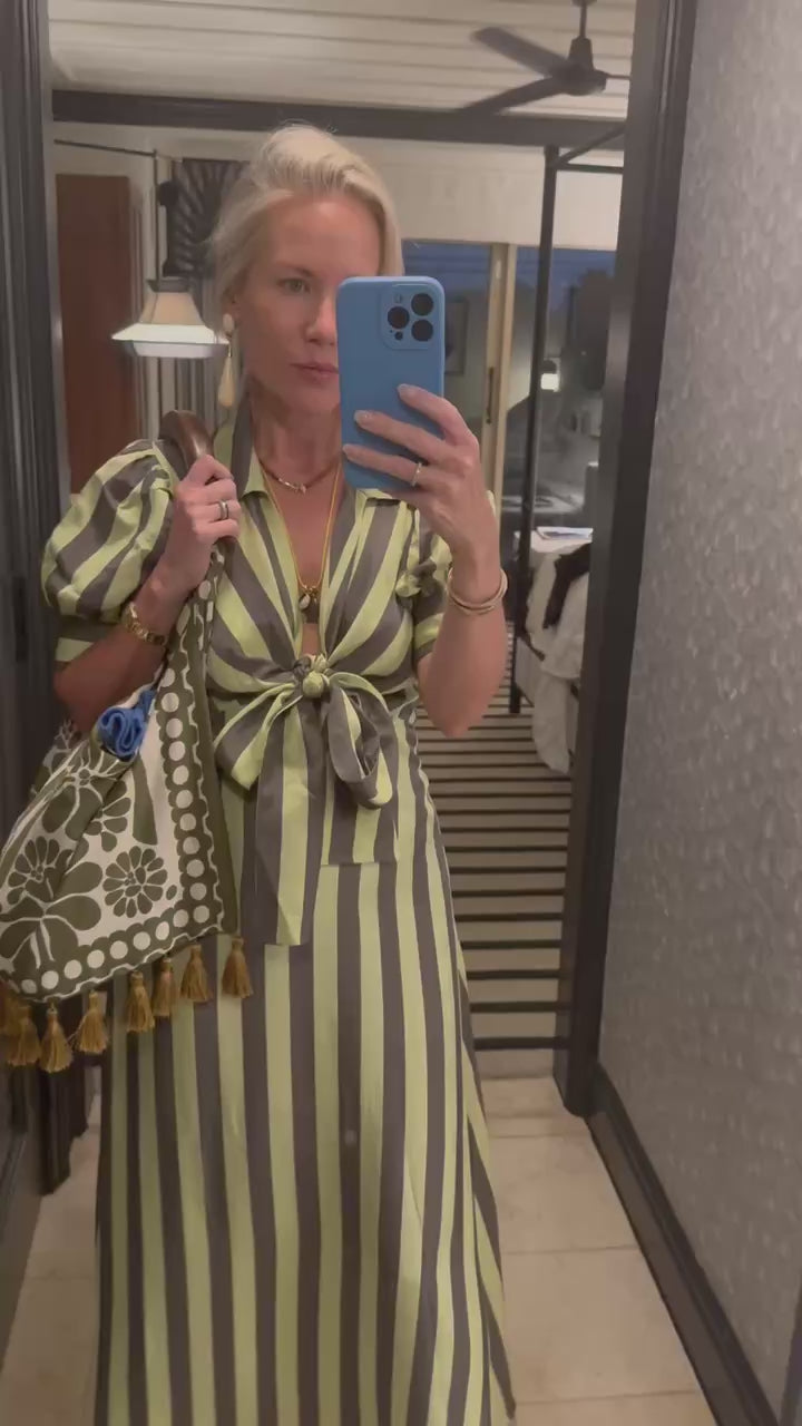 Hunter Bell in the Iris Dress in Evergreen Stripe.