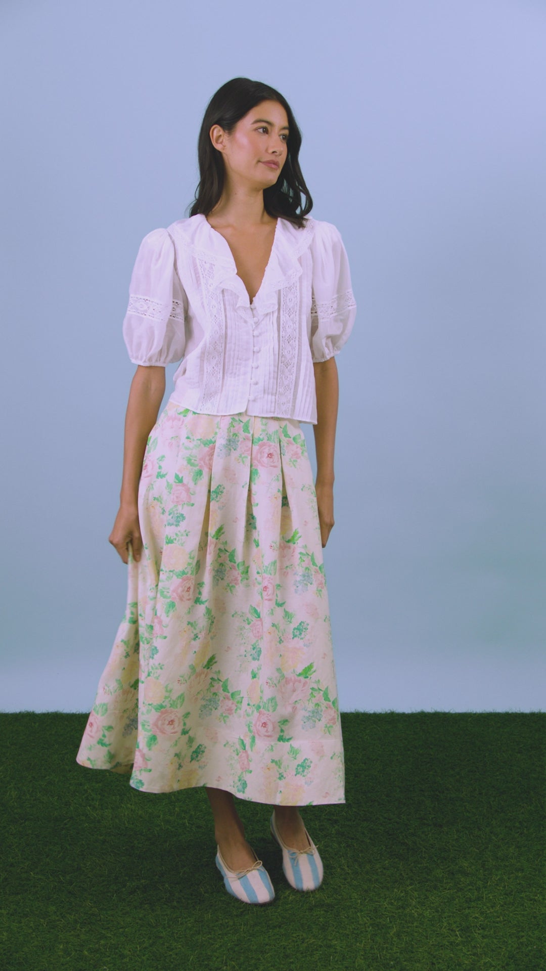 The Mare top in white paired with Alexis Skirt in Garden Rose Peony.