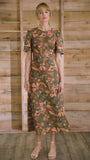 Sheath midi dress with curved waist and relaxed skirt in Olive Floral print.
